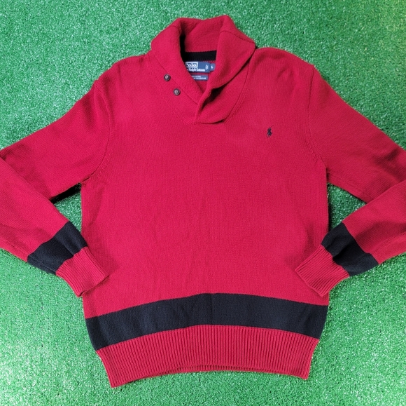 Polo Ralph Lauren Men's 90s Style Knit Sweater Size Large Red Black Collard Prep